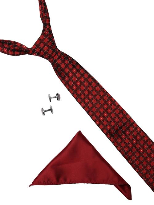 maroon micro fiber tie with pocket square and cufflinks - 14921240 - Very Small Image - 1