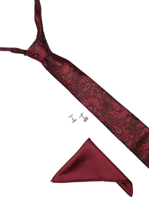 maroon micro fiber tie with pocket square and cufflinks - 14921256 - Very Small Image - 1