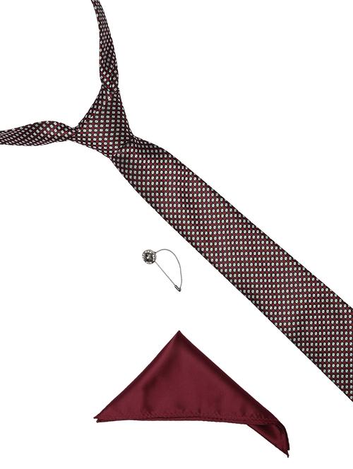 maroon micro fiber tie with pocket square and brooch - 14921292 - Very Small Image - 1