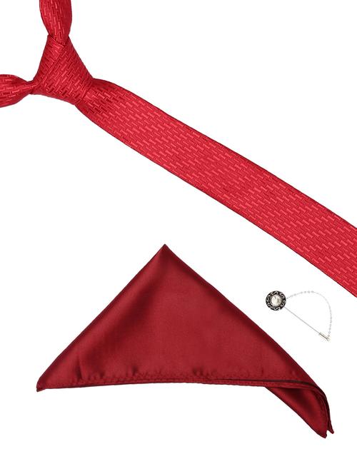red micro fiber tie with pocket sqaure and brooch - 14921321 - Very Small Image - 1