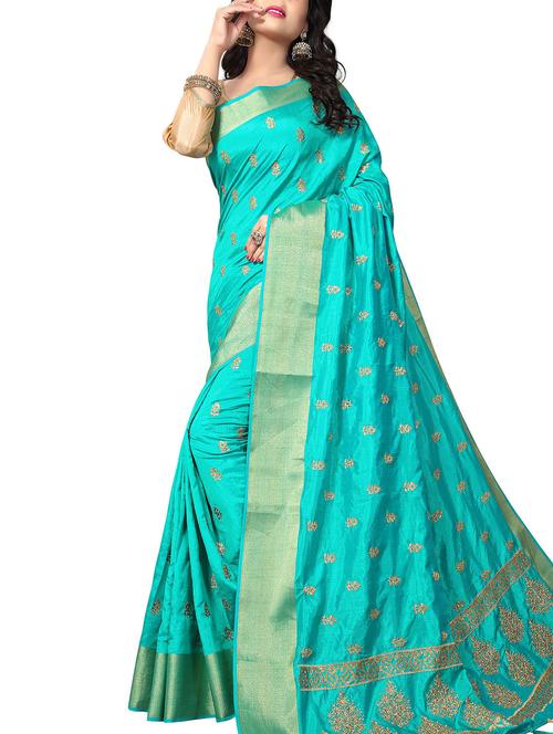 turquoise silk embroidered saree with blouse - 14922030 - Very Small Image - 1