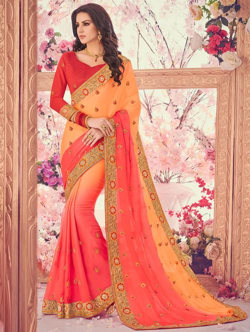 orange colored embroidered saree with blouse - 14922377 - Very Small Image - 1
