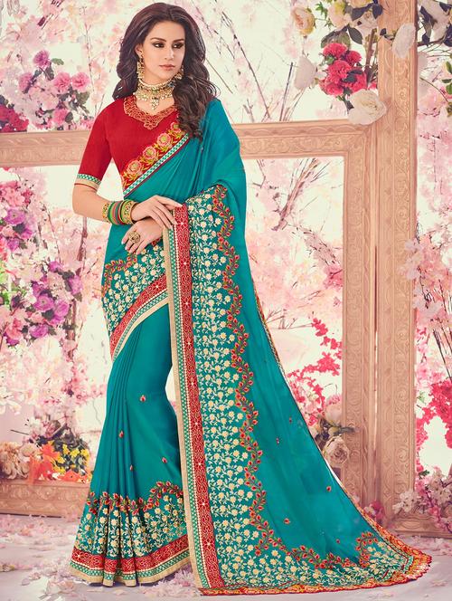 turquoise georgette embroidered saree with blouse - 14922395 - Very Small Image - 1
