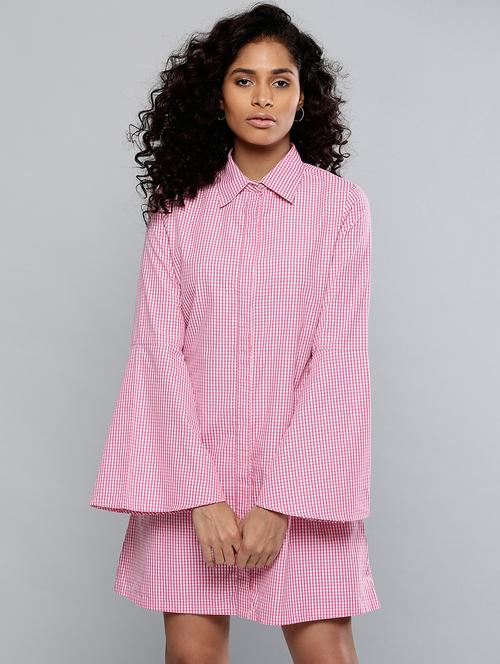bell sleeved gingham checks shirt dress - 14923833 - Very Small Image - 1