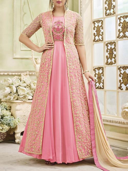 embroidered semi-stitched flared suit - 14926454 - Very Small Image - 1