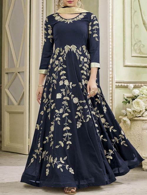 blue embroidered flared semi-stitched suit - 14926457 - Very Small Image - 1