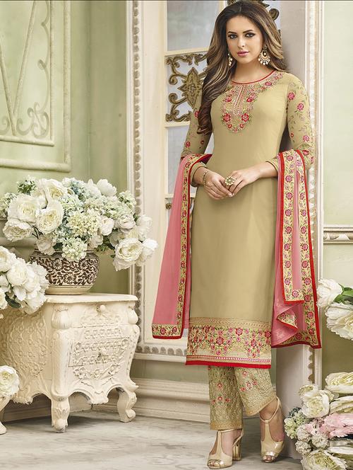 cream georgette semistitched suit - 14926462 - Very Small Image - 1