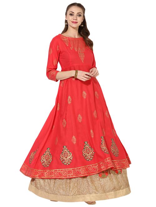 red cotton flared kurta - 14929023 - Very Small Image - 1