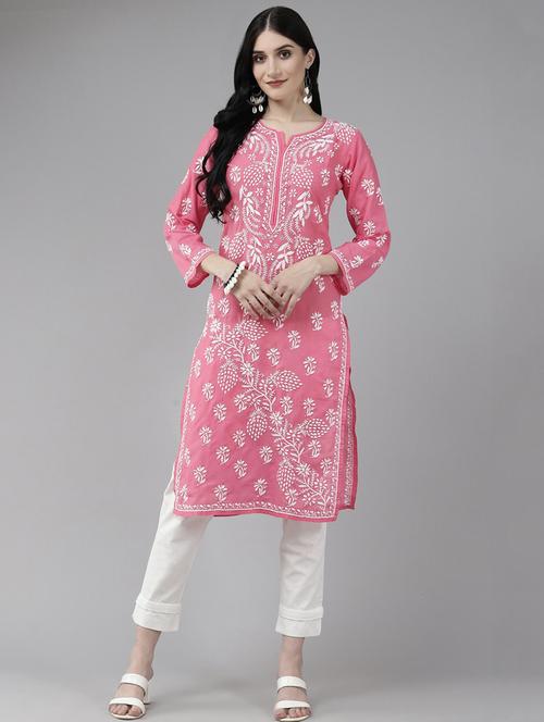 pink cotton women chikankari kurta - 14929169 - Very Small Image - 1