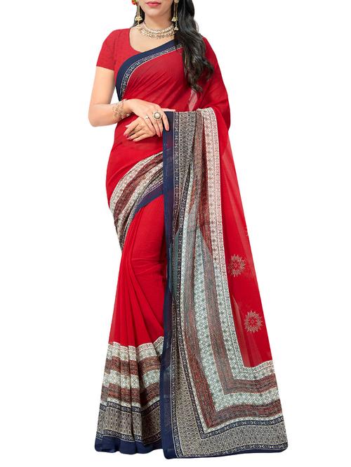 red georgette printed saree with blouse - 14933412 - Very Small Image - 1