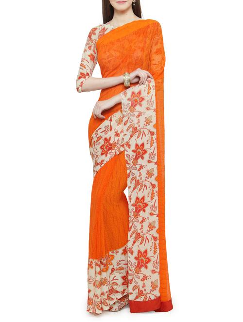 orange georgette printed saree with blouse - 14934790 - Very Small Image - 1