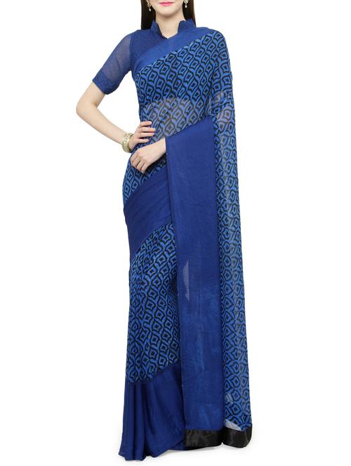 blue georgette printed saree with blouse - 14934791 - Very Small Image - 1