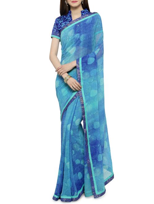 sky blue georgette printed saree with blouse - 14934806 - Very Small Image - 1