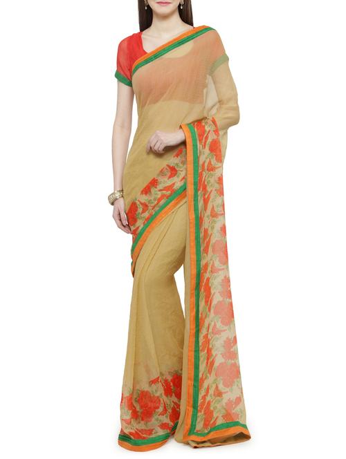 beige georgette printed saree with blouse - 14934816 - Very Small Image - 1