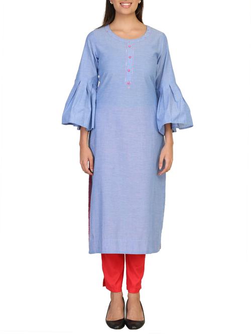 blue chanderi straight solid kurta - 14936090 - Very Small Image - 1