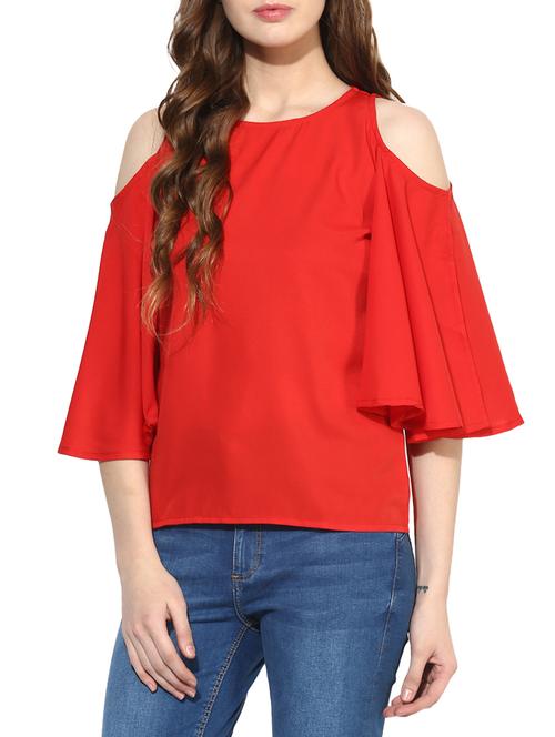 solid red cold shoulder top - 14936281 - Very Small Image - 1