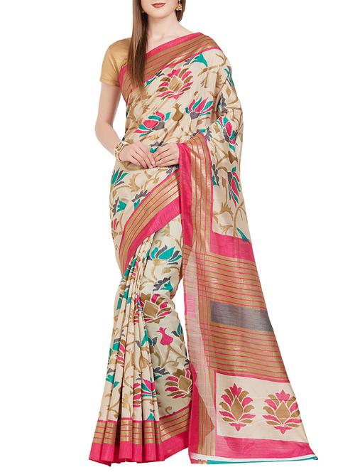 beige tussar silk saree with blouse - 14936700 - Very Small Image - 1