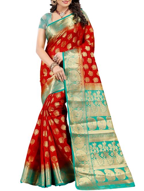 red kanjivaram silk saree with blouse - 14936819 - Very Small Image - 1