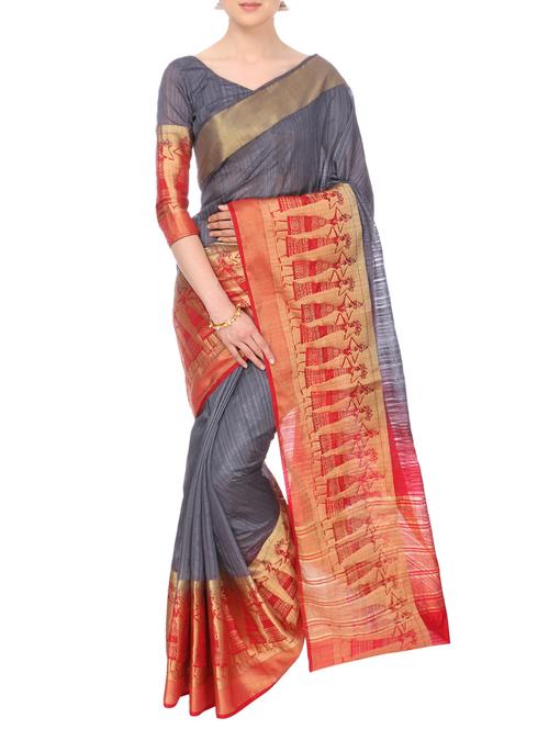 conversational zari border woven saree with blouse - 14942134 - Very Small Image - 1
