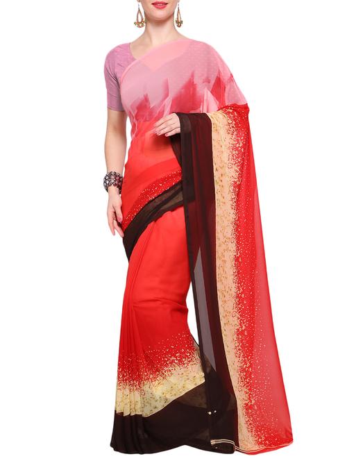 red georgette printed saree with blouse - 14942157 - Very Small Image - 1
