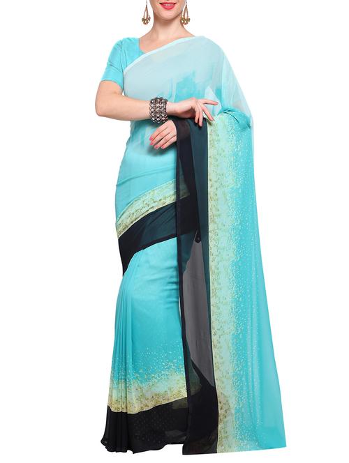 turquoise georgette printed saree with blouse - 14942158 - Very Small Image - 1