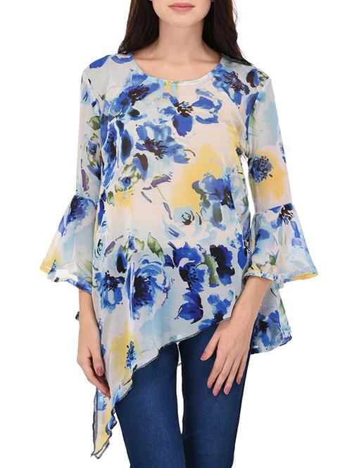 blue floral asymmetric bell sleeves tunic - 14942539 - Very Small Image - 1