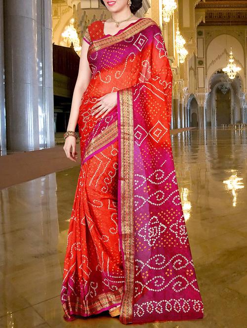 orange art silk bandhani saree with blouse - 14946306 - Very Small Image - 1