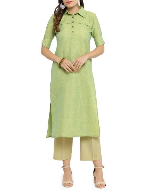 lime green textured straight kurta - 14947767 - Very Small Image - 1