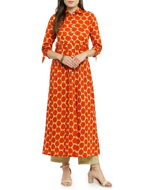orange cotton flared kurta - 14947770 - Very Small Image - 1