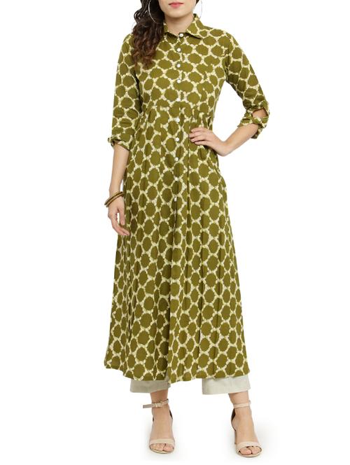 mehandi cotton flared kurta - 14947772 - Very Small Image - 1
