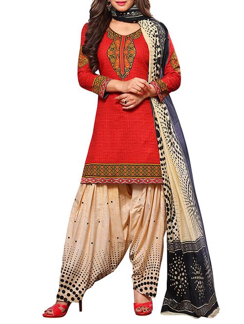 red cotton unstitched suit - 14949770 - Very Small Image - 1