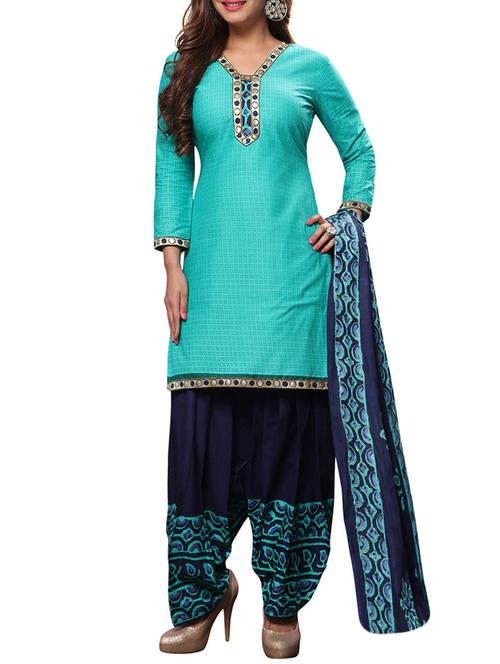 turquoise cotton unstitched suit - 14950106 - Very Small Image - 1