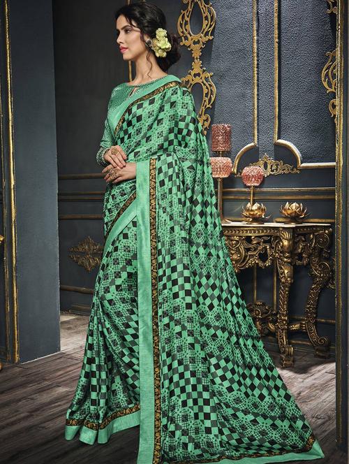 green printed saree with blouse - 14950405 - Very Small Image - 1