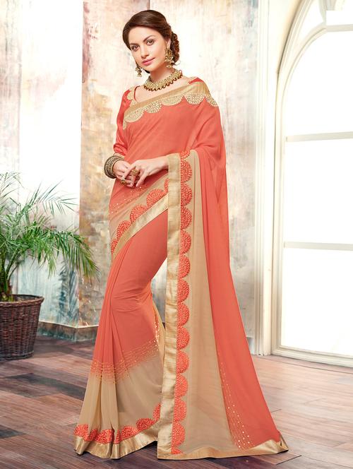 orange embroidered saree - 14950414 - Very Small Image - 1