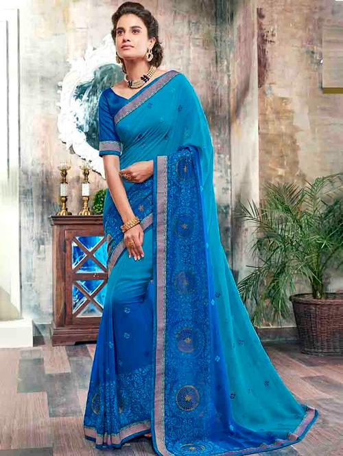 blue georgette embroidered saree - 14950421 - Very Small Image - 1