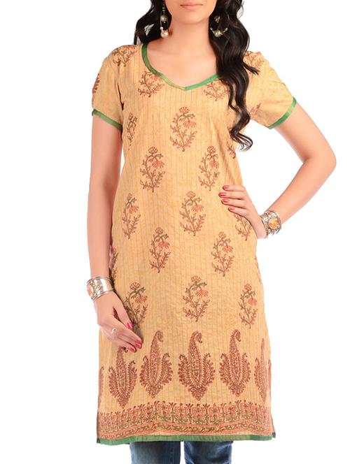 fuchsia designs beige cotton printed kurta - 14950550 - Very Small Image - 1