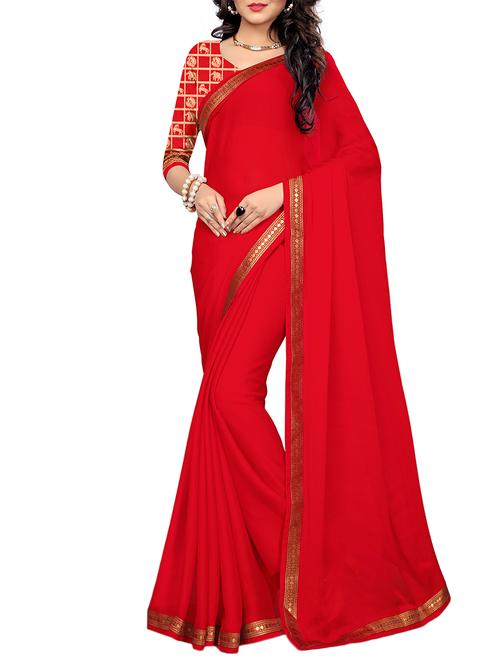 red silk blend bordered saree with blouse - 14951493 - Very Small Image - 1