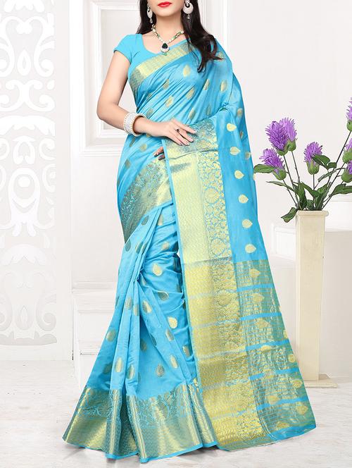 blue silk kanjivaram saree with blouse - 14952088 - Very Small Image - 1