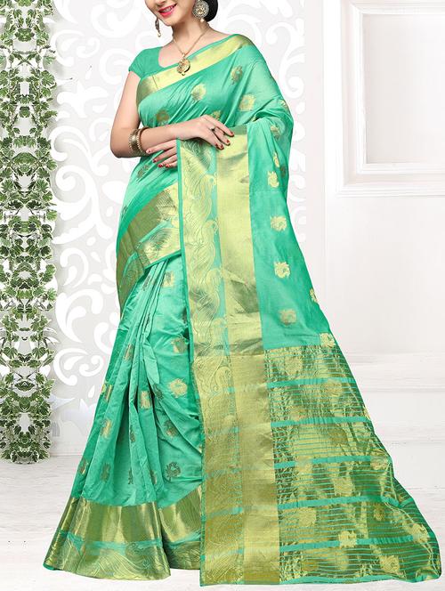 turquoise cotton silk kanjivaram saree with blouse - 14952100 - Very Small Image - 1