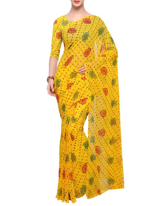 yellow georgette bandhani saree with blouse - 14952625 - Very Small Image - 1
