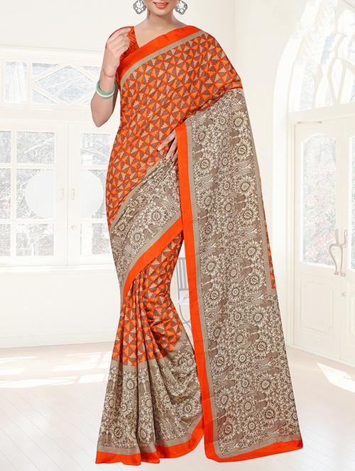 orange art silk printed saree with blouse - 14952845 - Very Small Image - 1