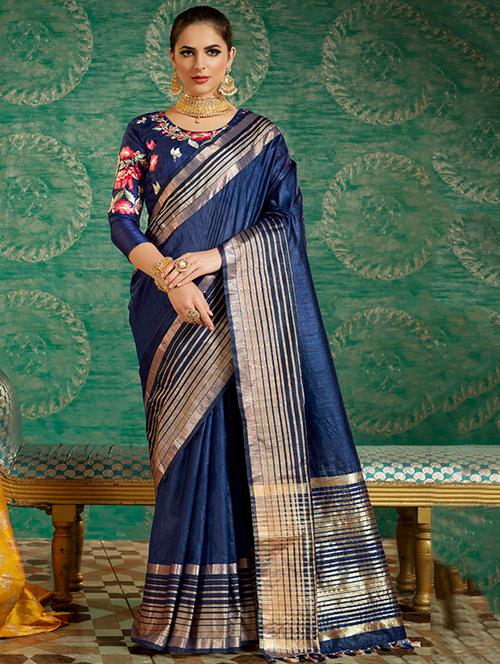 blue silk bordered saree with blouse - 14952855 - Very Small Image - 1