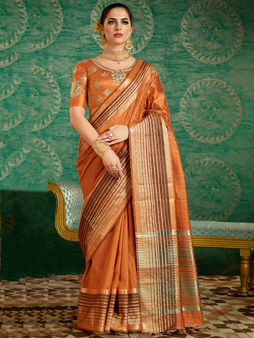 orange art silk bordered saree with blouse - 14952856 - Very Small Image - 1