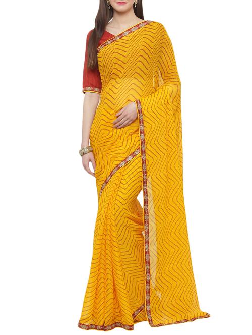 yellow chiffon bandhani saree with blouse - 14952896 - Very Small Image - 1