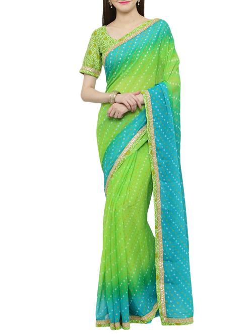 green chiffon bandhani saree with blouse - 14952899 - Very Small Image - 1
