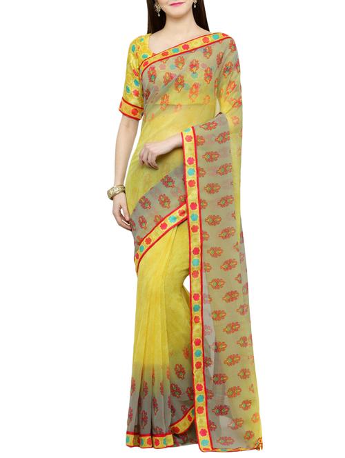 yellow georgette printed saree with blouse - 14952900 - Very Small Image - 1