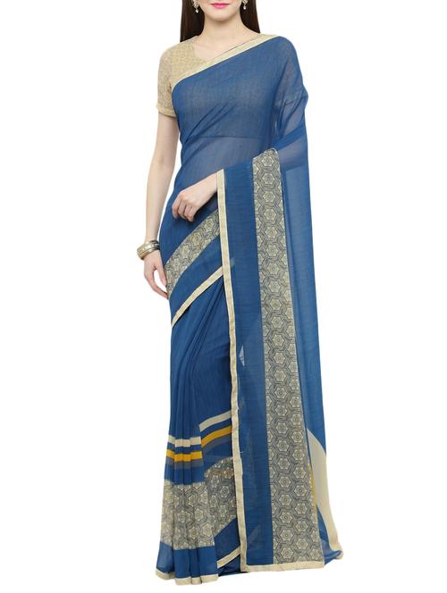 blue georgette printed saree with blouse - 14952908 - Very Small Image - 1