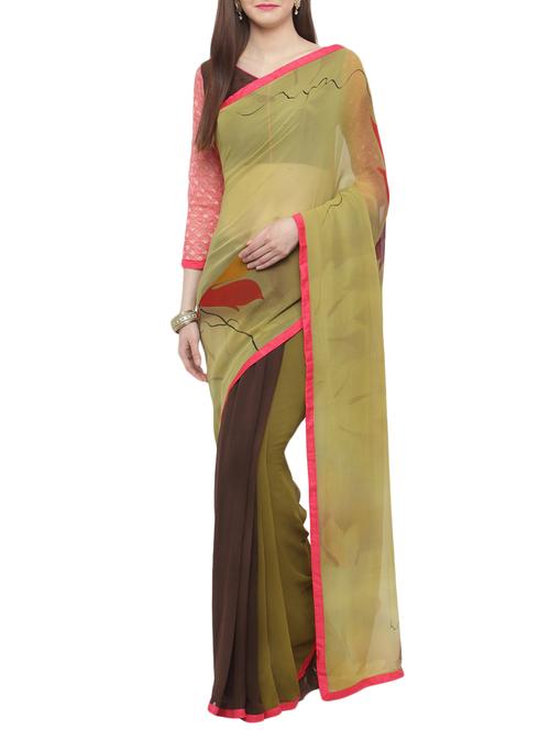 olive green georgette printed saree with blouse - 14952921 - Very Small Image - 1