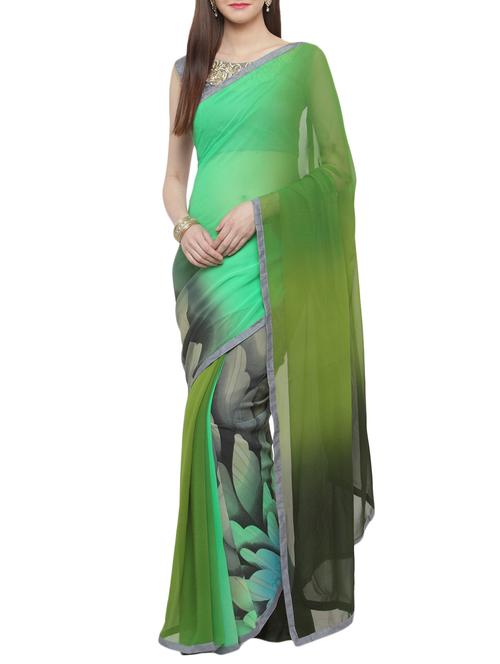 green georgette printed saree with blouse - 14952928 - Very Small Image - 1