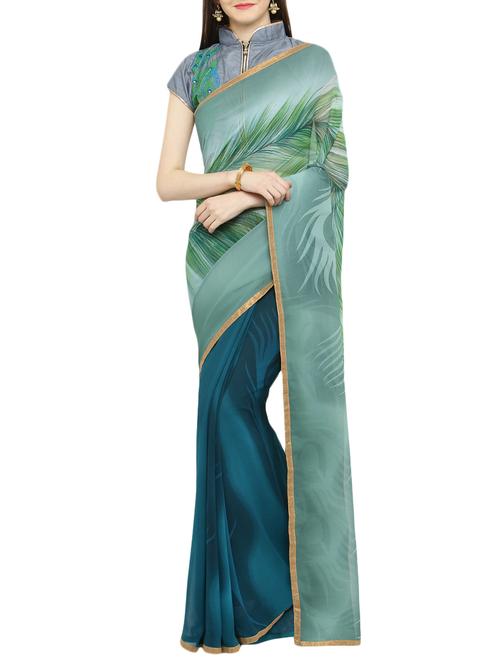 green georgette half & half saree with blouse - 14952929 - Very Small Image - 1